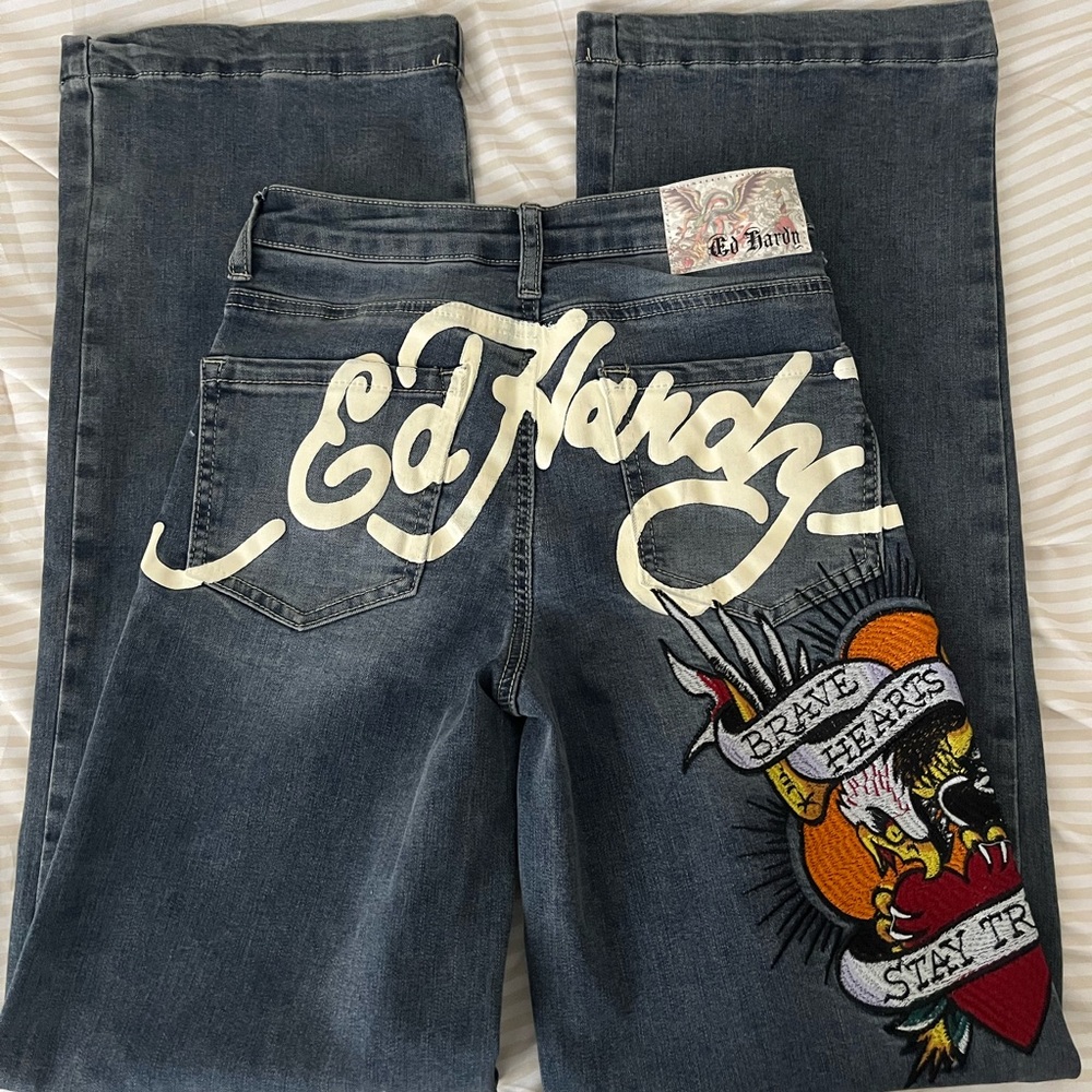 Ed Hardy Flare/Baggy Jeans with Colorful Embroidery